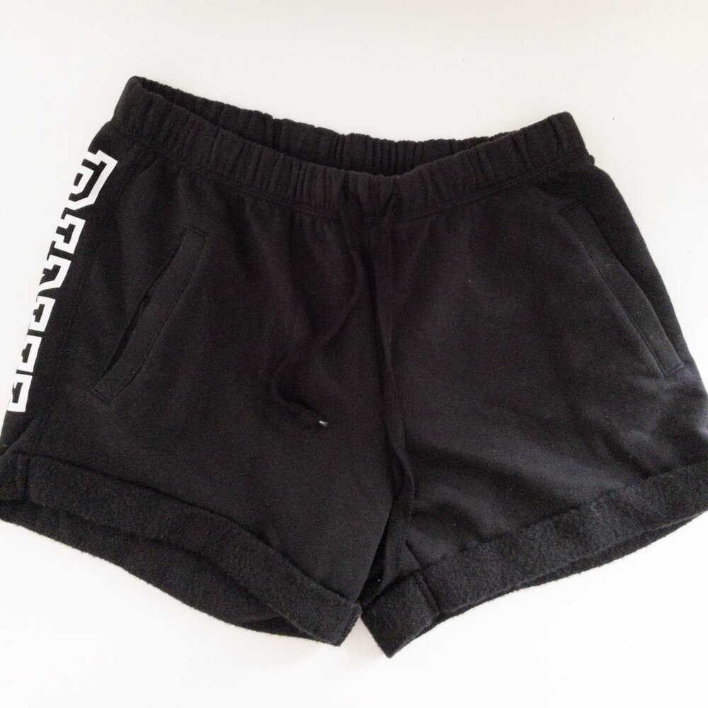 Victorias Secret Pink Black Fleece Shorts With White Logo Elastic Waistband S